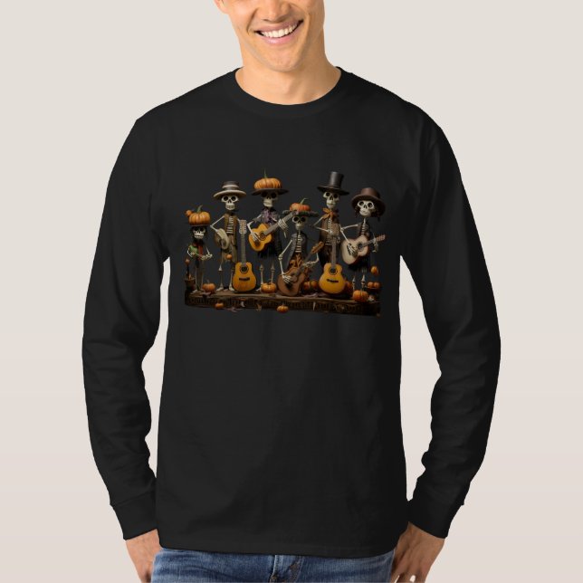 Camiseta Halloween Skeleton Banda tocando guitarra de longo (Frente)