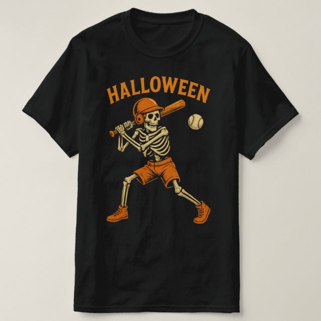 Camiseta Halloween Skeleton Baseball Tee (Frente do Design)