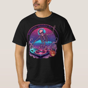 Camiseta Halloween Skeleton DJ Spinning registra com brilho