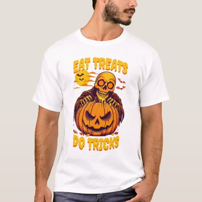 Camiseta Halloween Skeleton Eat Treats Do Tricks T-Shirt (Frente)