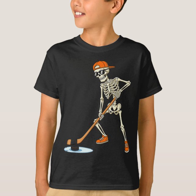 Camiseta Halloween Skeleton Funny Hockey For Boys Teens Men (Frente)
