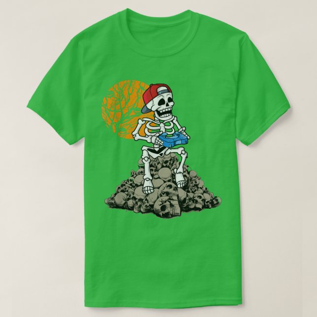 Camiseta Halloween Skeleton Gamer Vídeo Gamer Meninos Crian (Frente do Design)