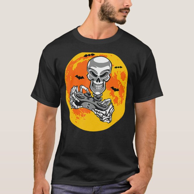 Camiseta Halloween Skeleton Gamer Video Gaming Boys Men Kid (Frente)