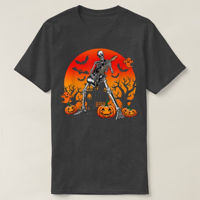 Camiseta Halloween Skeleton Guitar Rock Band Jack O Lantern (Frente do Design)