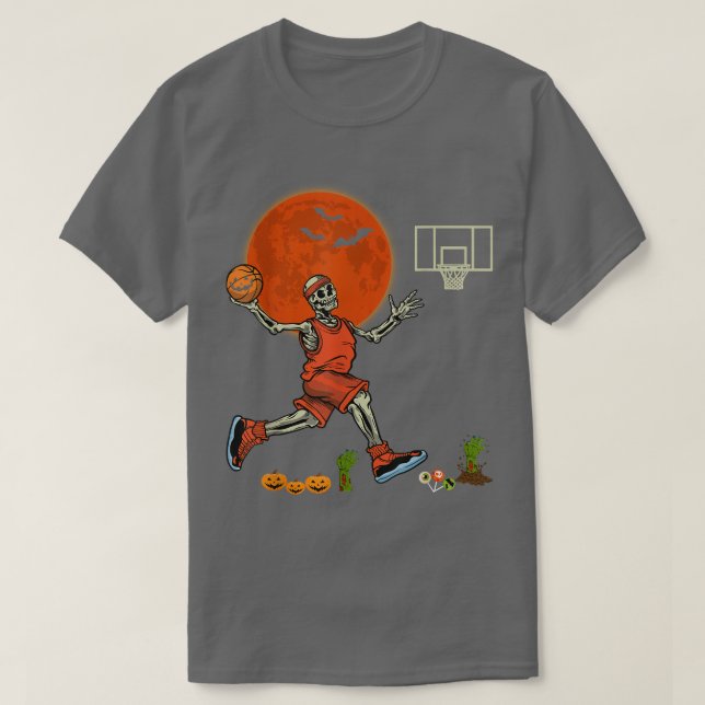Camiseta Halloween Skeleton Jogando Basquete Pumpki Assusta (Frente do Design)