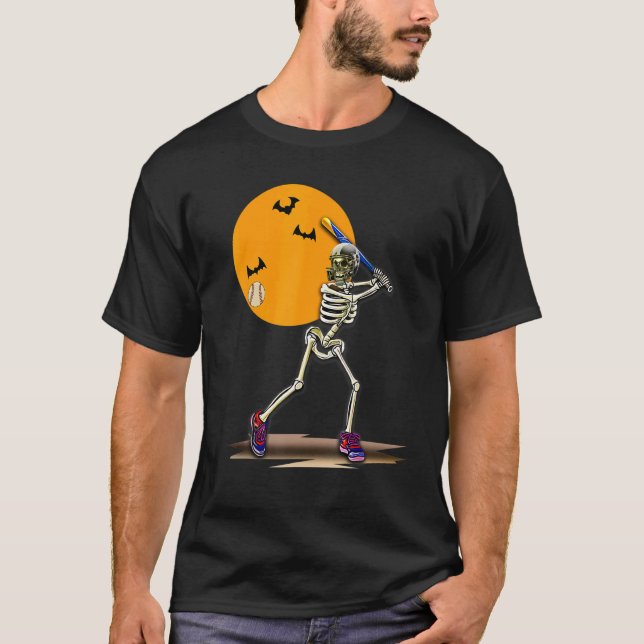 Camiseta Halloween Skeleton Jogando Beisebol Kids Bo (Frente)