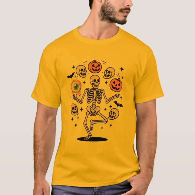 Camiseta Halloween Skeleton malabarizando Pumpkins Skulls (Frente)