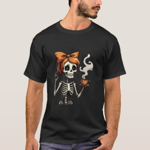 Camiseta Halloween Skeleton Messaging Bun Coffee Fumaça Eng
