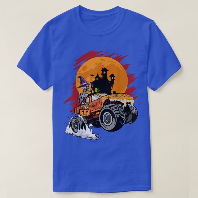 Camiseta Halloween Skeleton Monster Truck Boys Toddler Kids (Frente do Design)