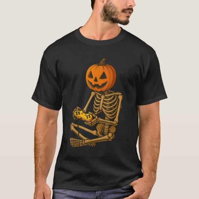 Camiseta Halloween Skeleton Pumpkin Gamer Video Gaming Men  (Frente)