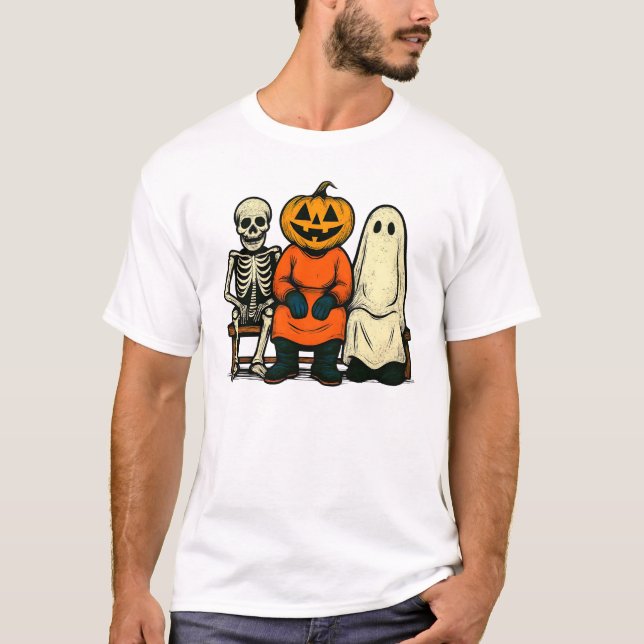 Camiseta Halloween Skeleton Pumpkin Ghost (Frente)