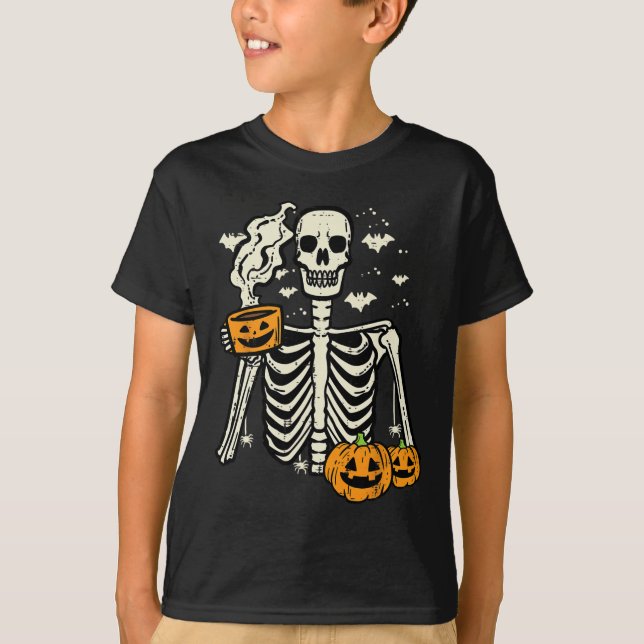 Camiseta Halloween Skeleton Pumpkin Queda Fall Café Diversã (Frente)