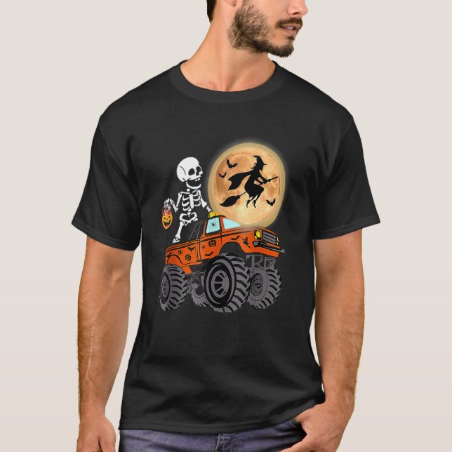 Camiseta Halloween Skeleton Riding Monster Truck Costume Ki (Frente)