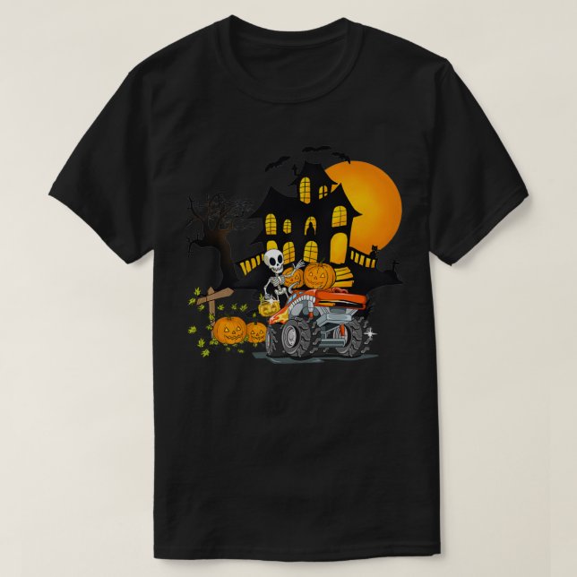 Camiseta Halloween Skeleton Riding Monster Truck Pumpkin Bo (Frente do Design)
