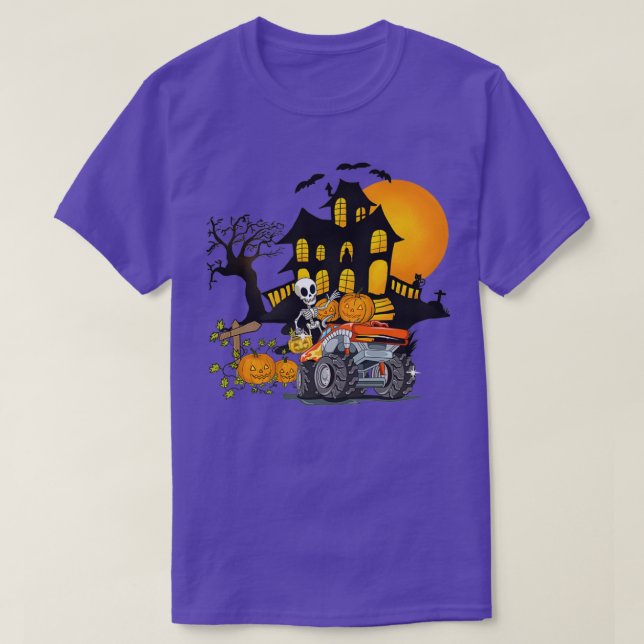 Camiseta Halloween Skeleton Riding Monster Truck Pumpkin Bo (Frente do Design)