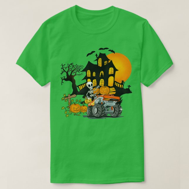 Camiseta Halloween Skeleton Riding Monster Truck Pumpkin Bo (Frente do Design)