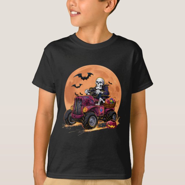 Camiseta Halloween Skeleton Riding Monster Truck Toddler Bo (Frente)