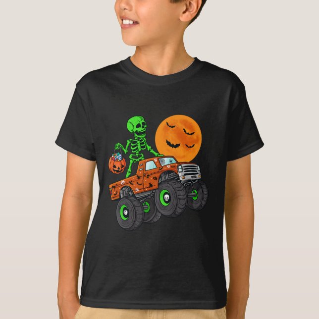 Camiseta Halloween Skeleton Riding Monster Truck Toddler Bo (Frente)