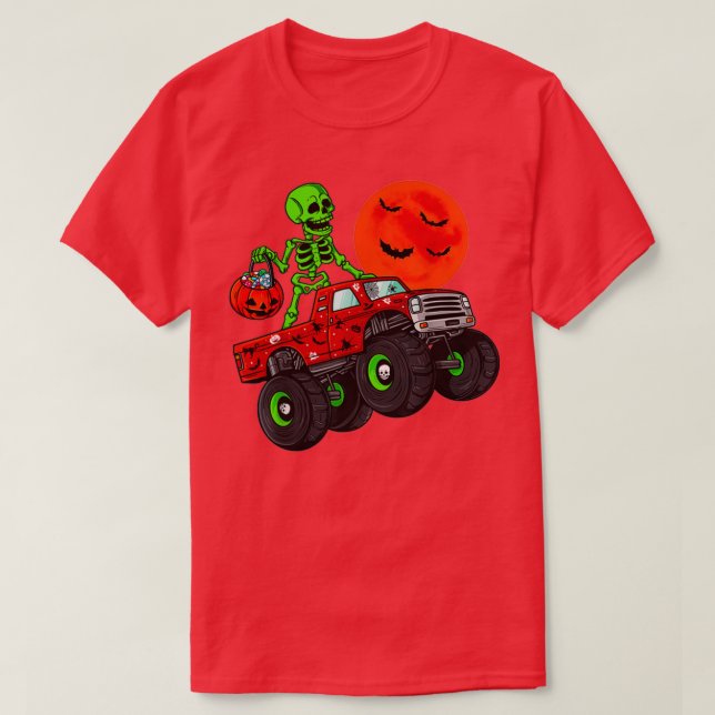 Camiseta Halloween Skeleton Riding Monster Truck Toddler Bo (Frente do Design)