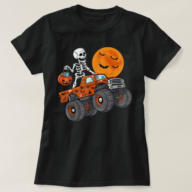 Camiseta Halloween Skeleton Riding Monster Truck Toddler Bo (Frente do Design)