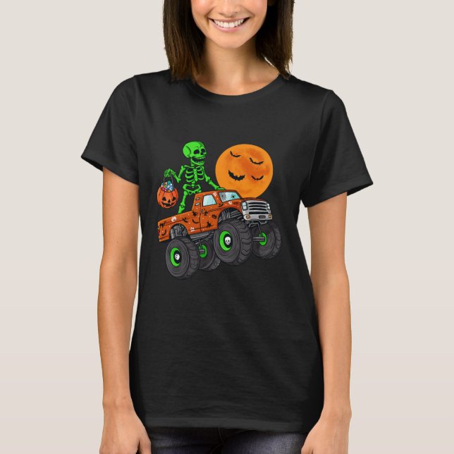 Camiseta Halloween Skeleton Riding Monster Truck Toddler Bo (Frente)