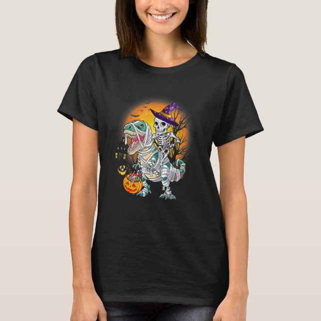 Camiseta Halloween Skeleton Riding Mummy Dinosaur Rex  Pump (Frente)