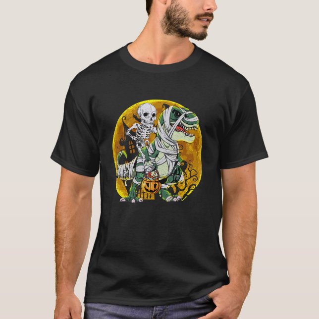 Camiseta Halloween Skeleton Riding Mummy Dinosaur rex Pumpk (Frente)
