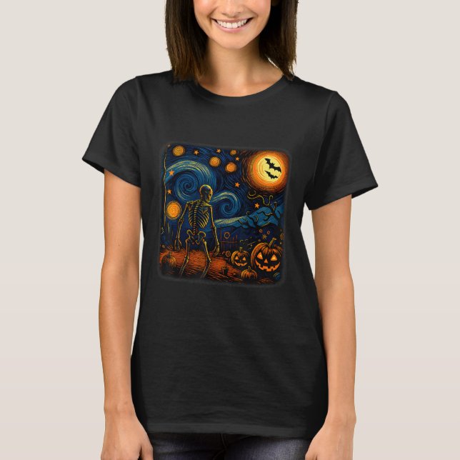 Camiseta Halloween Skeleton Starry Night Van Gogh Pumpkin (Frente)