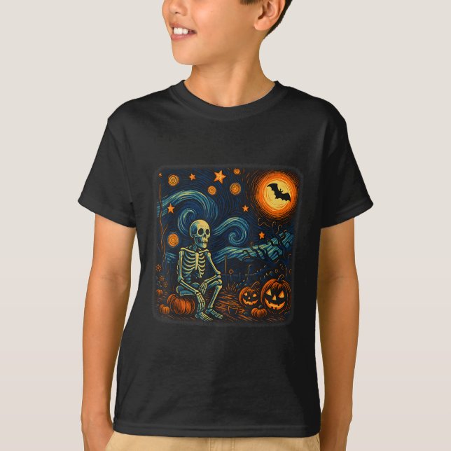 Camiseta Halloween Skeleton Starry Night Van Gogh Pumpkin (Frente)