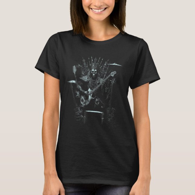 Camiseta Halloween Skeleton Tocando Guitarra Throne Rock E (Frente)