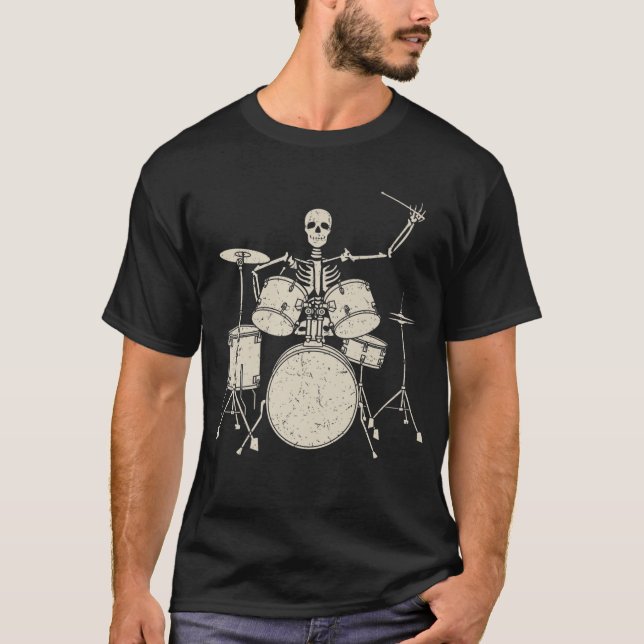 Camiseta Halloween Skeleton tocando tambor Engraçado Presen (Frente)