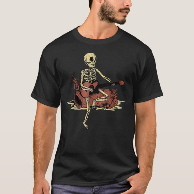Camiseta Halloween Skeleton Tocando Violão Elétrico (Frente)