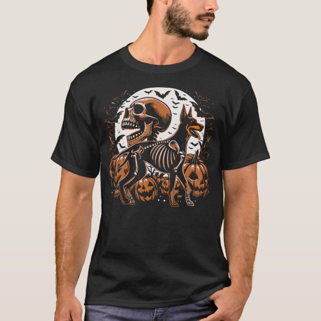 Camiseta Halloween Skeleton Walking Skeletal Doberman Dog (Frente)