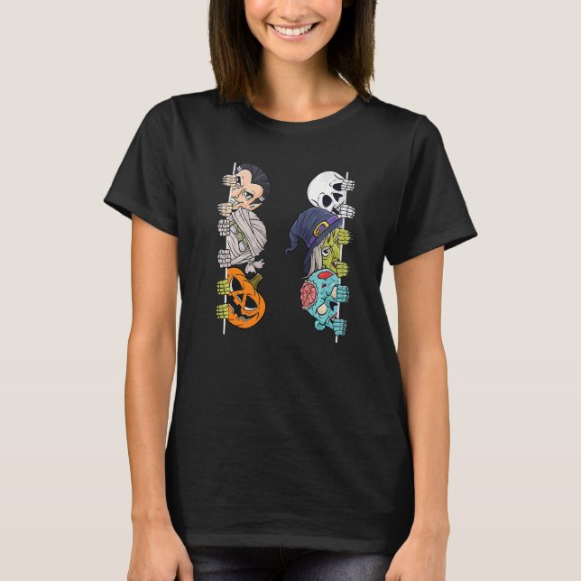 Camiseta Halloween Skeleton Witch Peeking Zombie Mummy Kids (Frente)