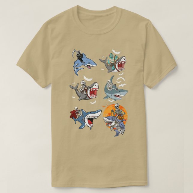 Camiseta Halloween Skeleton Zombie Andando de Tubarão Mummy (Frente do Design)