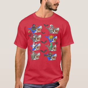 Camiseta Halloween Skeleton Zombie Andando de Tubarão Mummy