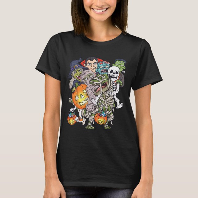 Camiseta Halloween Skeleton Zombie Andando Mummy T Rex Engr (Frente)
