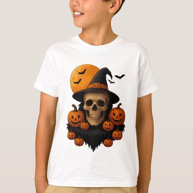 Camiseta Halloween Skull With Pumpkins and Witch Hat T-Shir (Frente)