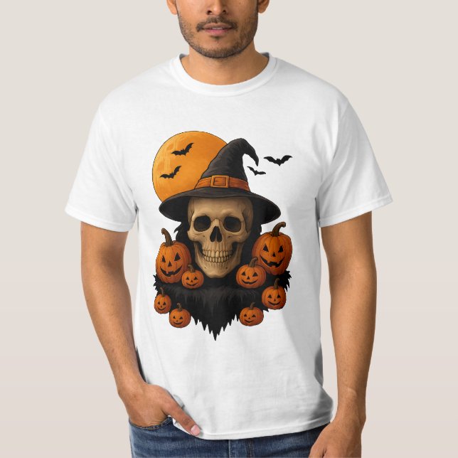 Camiseta Halloween Skull With Pumpkins and Witch Hat T-Shir (Frente)