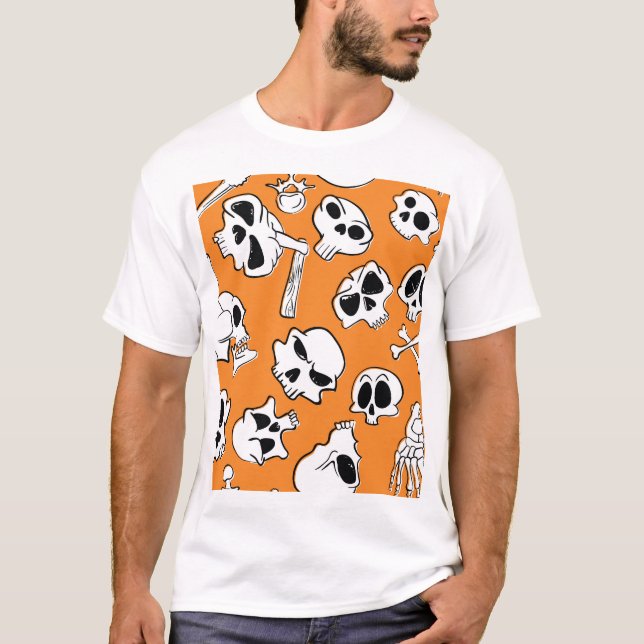 Camiseta Halloween Skulls Bones Doodle Patterno (Frente)