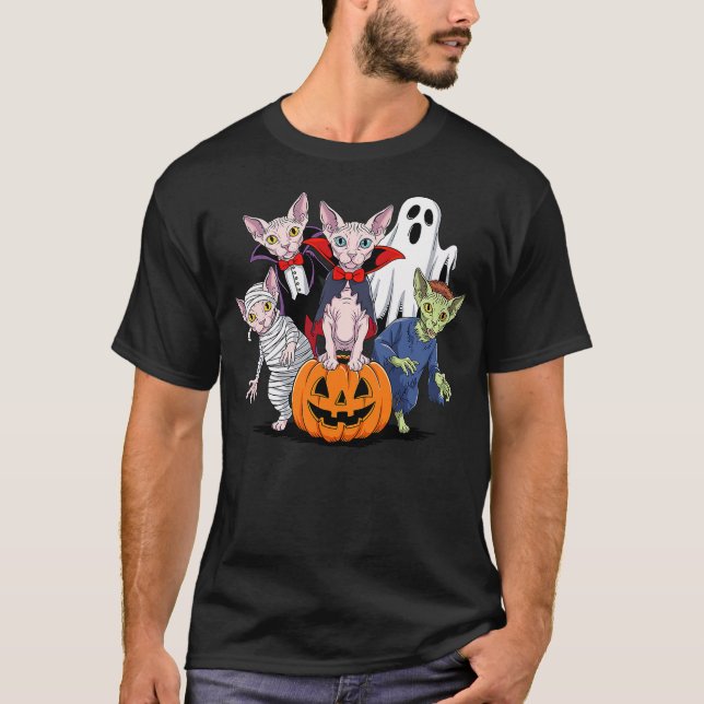 Camiseta Halloween Sphynx Cat Ghost Vampire Mummy (Frente)