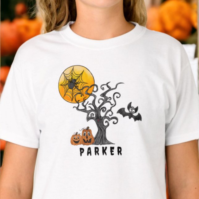 Camiseta Halloween Spider Bat Spooky Tree Pumpkins Nome (Criador carregado)