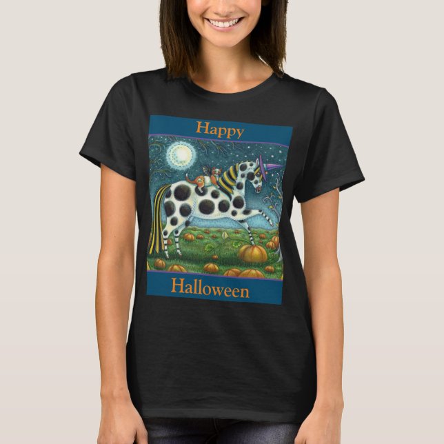 Camiseta HALLOWEEN SPONTTED PONY & BAT CAT Fantasy Horse (Frente)