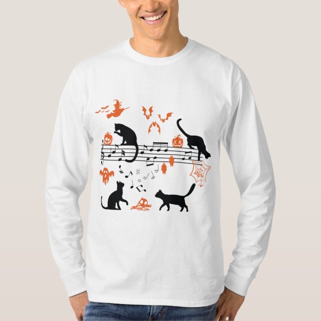 Camiseta "Halloween Spooky and Scary Cats" Tocando Música (Frente)