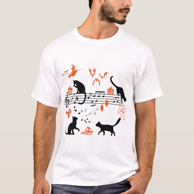 Camiseta "Halloween Spooky and Scary Cats" Tocando Música N (Frente)