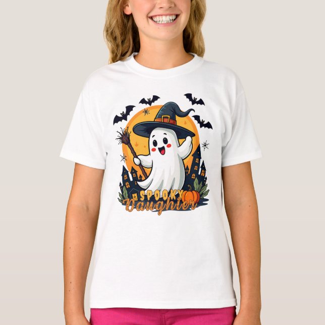 Camiseta Halloween Spooky Filha Fantasma com Chapéu de Brux (Frente)