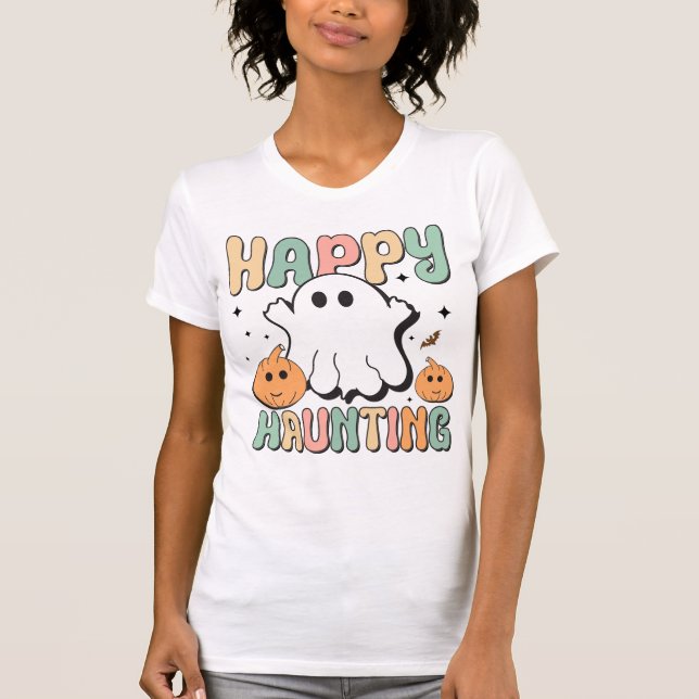 Camiseta Halloween Spooky Ghost Saudações Coloridas Mulhere (Frente)
