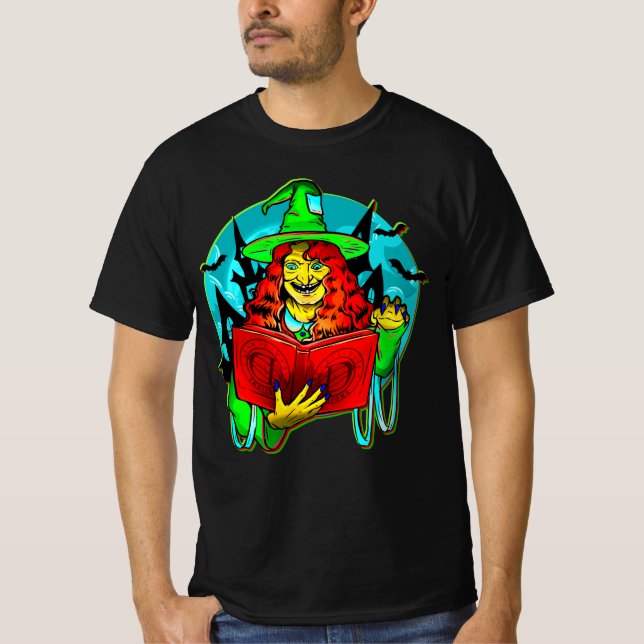 Camiseta Halloween Spooky Green Witch Magic Book Bats Hat (Frente)