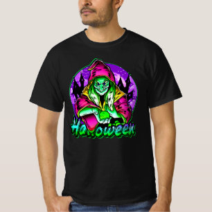 Camiseta Halloween Spooky Green Witch Magic Book Bats Hat