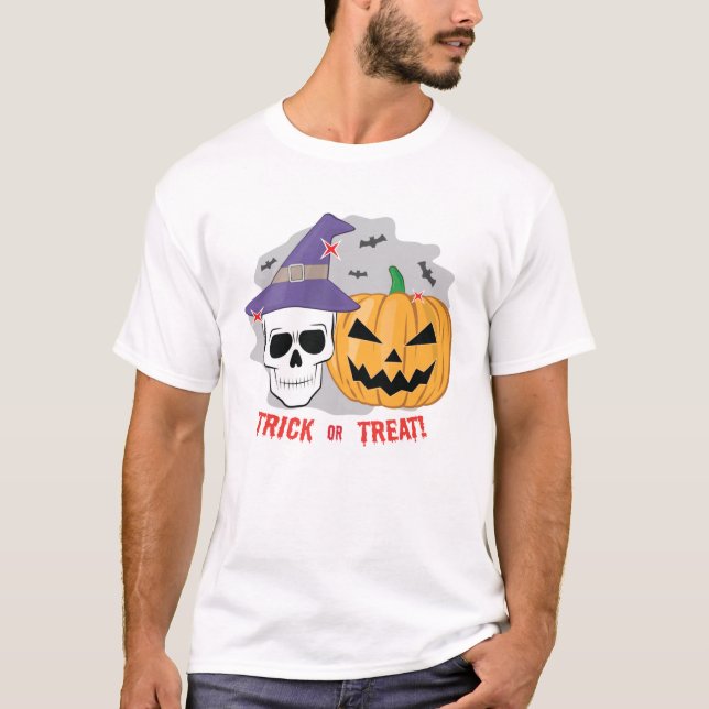 Camiseta Halloween Spooky Skull and Pumpkin - Trick ou Trea (Frente)